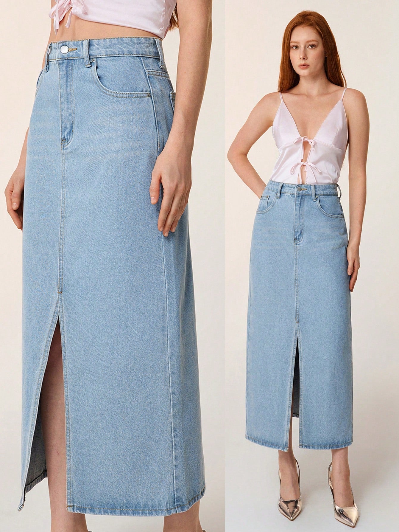 SHEIN EZwear Jupe en jean décontractée coupe droite longue pour femme avec poches à fente avant