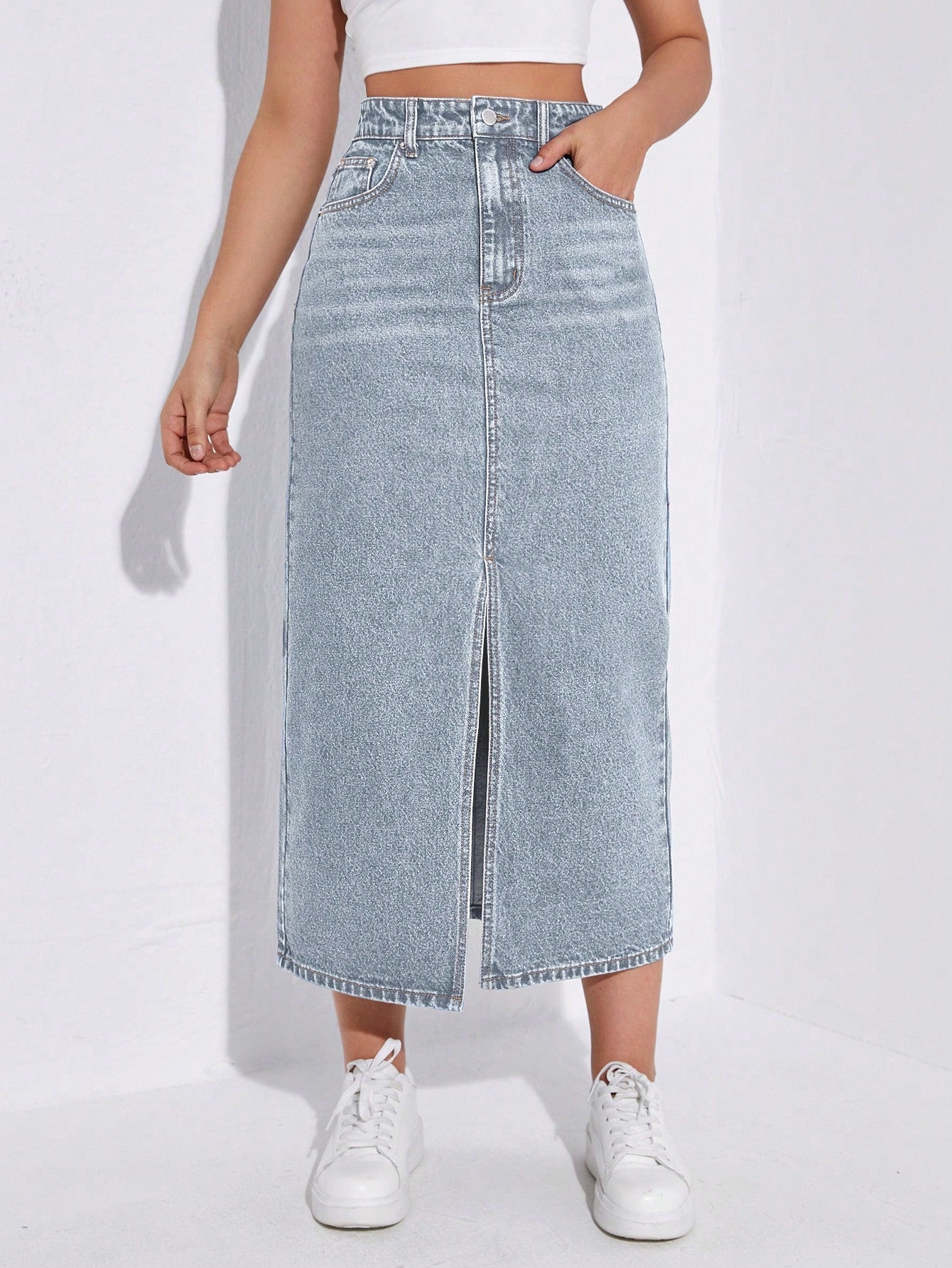 SHEIN EZwear Jupe en jean décontractée coupe droite longue pour femme avec poches à fente avant