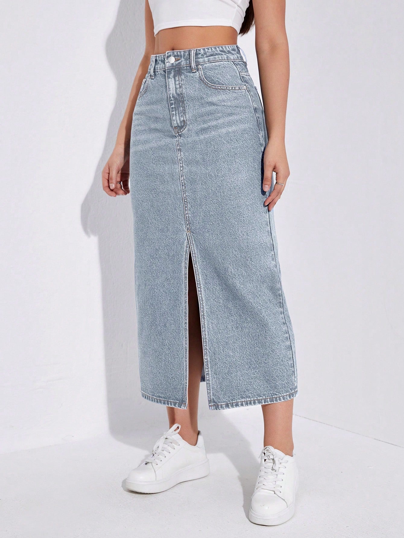 SHEIN EZwear Jupe en jean décontractée coupe droite longue pour femme avec poches à fente avant