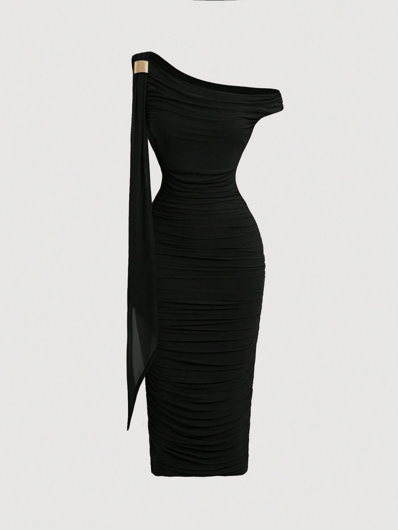 SHEIN MOD Robe mi-longue élégante pour femmes, coupe ajustée, col asymétrique, froncée, de couleur unie