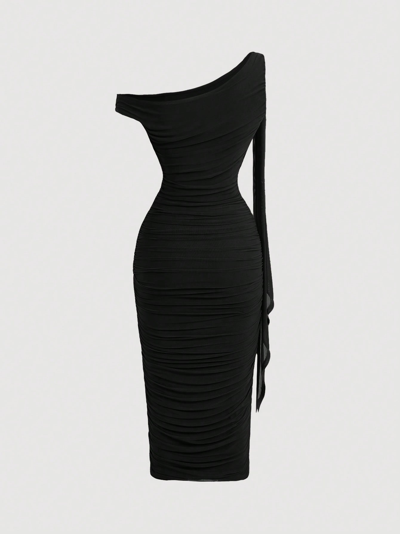 SHEIN MOD Robe mi-longue élégante pour femmes, coupe ajustée, col asymétrique, froncée, de couleur unie