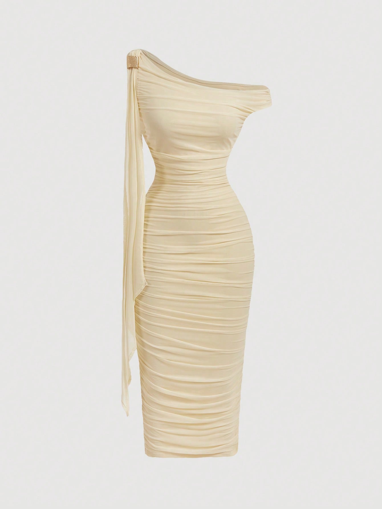 SHEIN MOD Robe mi-longue élégante pour femmes, coupe ajustée, col asymétrique, froncée, de couleur unie