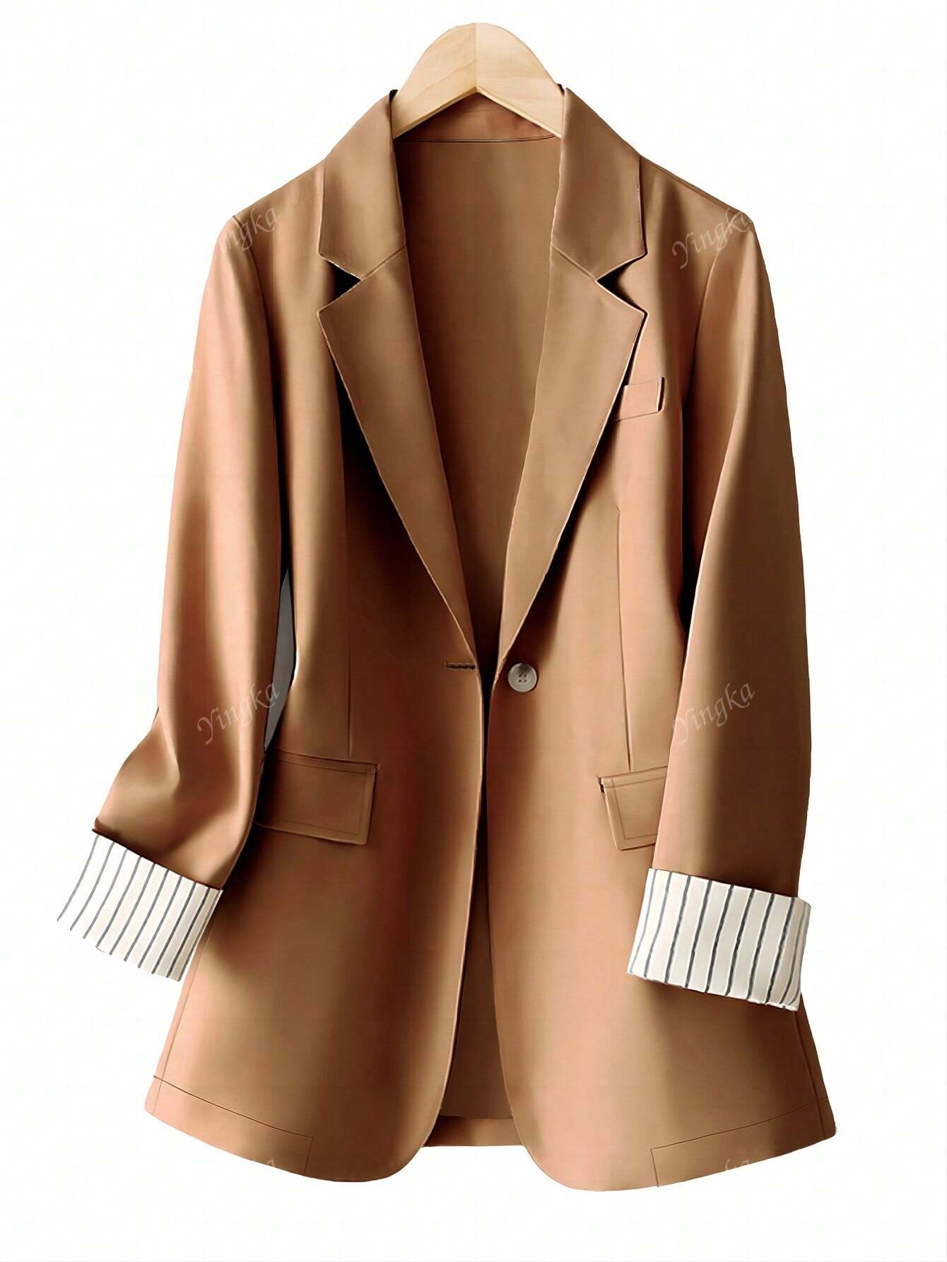 Blazer régulier pour femmes avec revers à rayures patchwork et un bouton