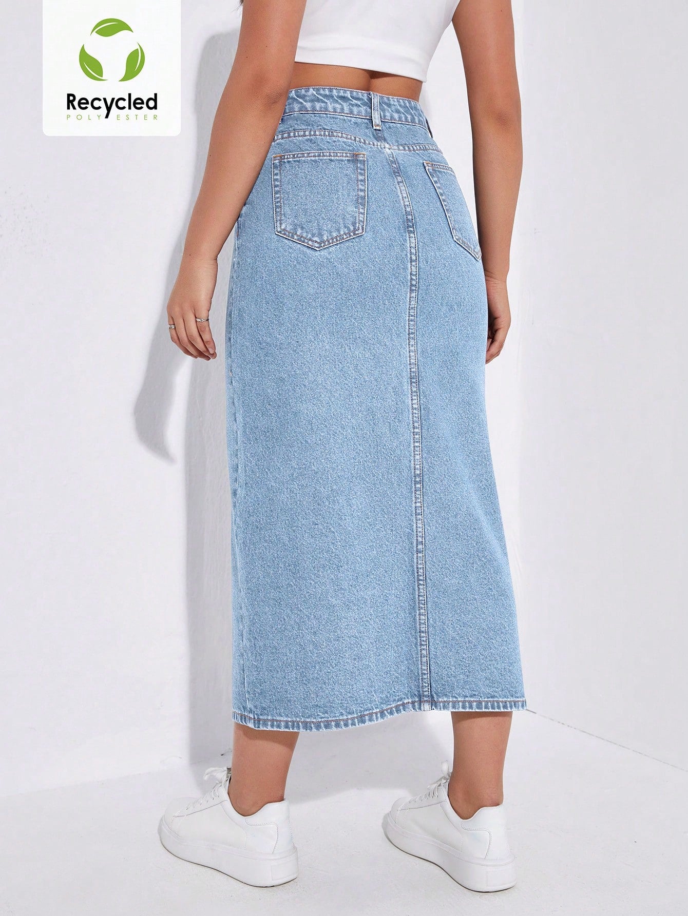 SHEIN EZwear Jupe en jean décontractée coupe droite longue pour femme avec poches à fente avant