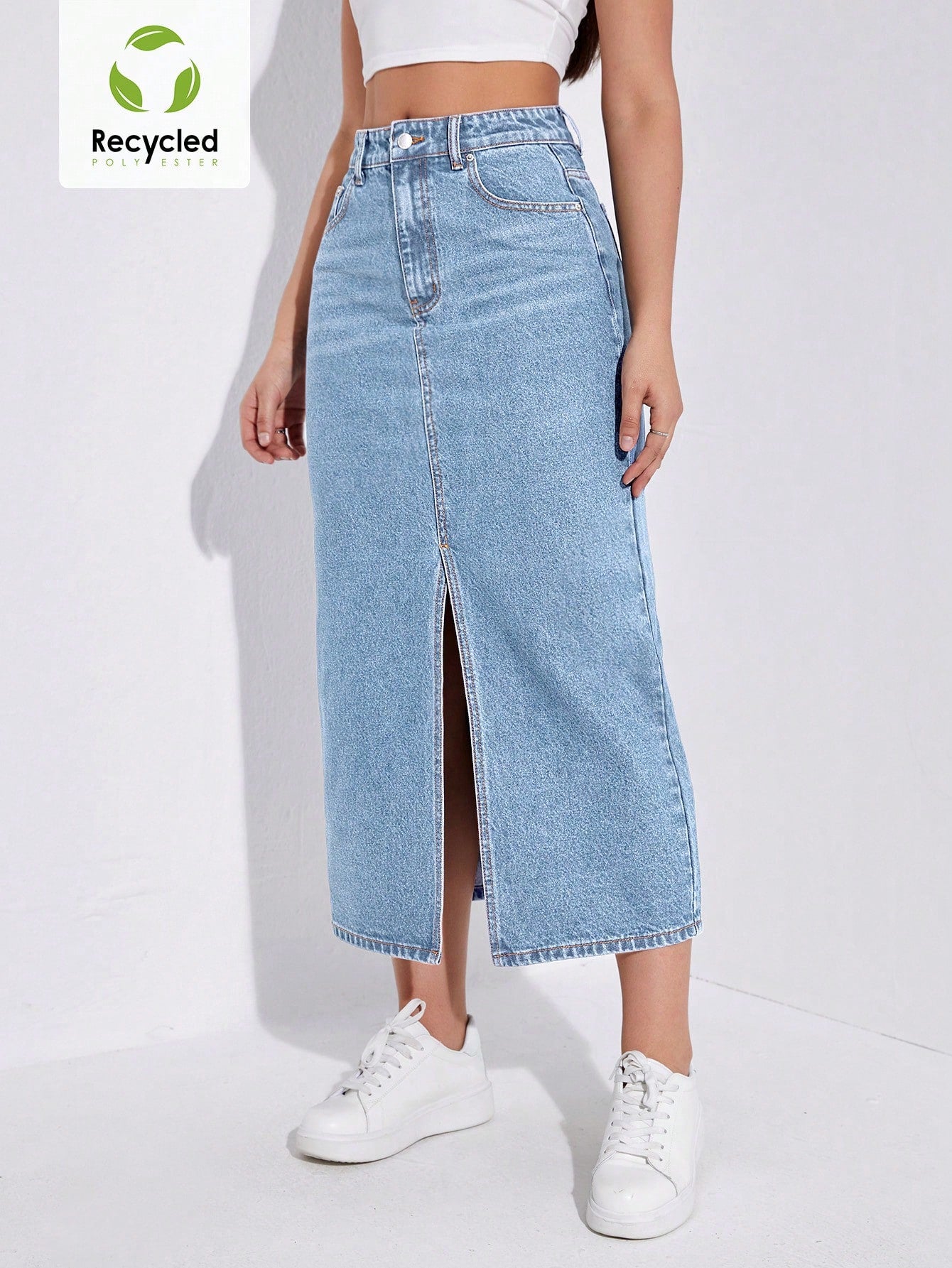SHEIN EZwear Jupe en jean décontractée coupe droite longue pour femme avec poches à fente avant