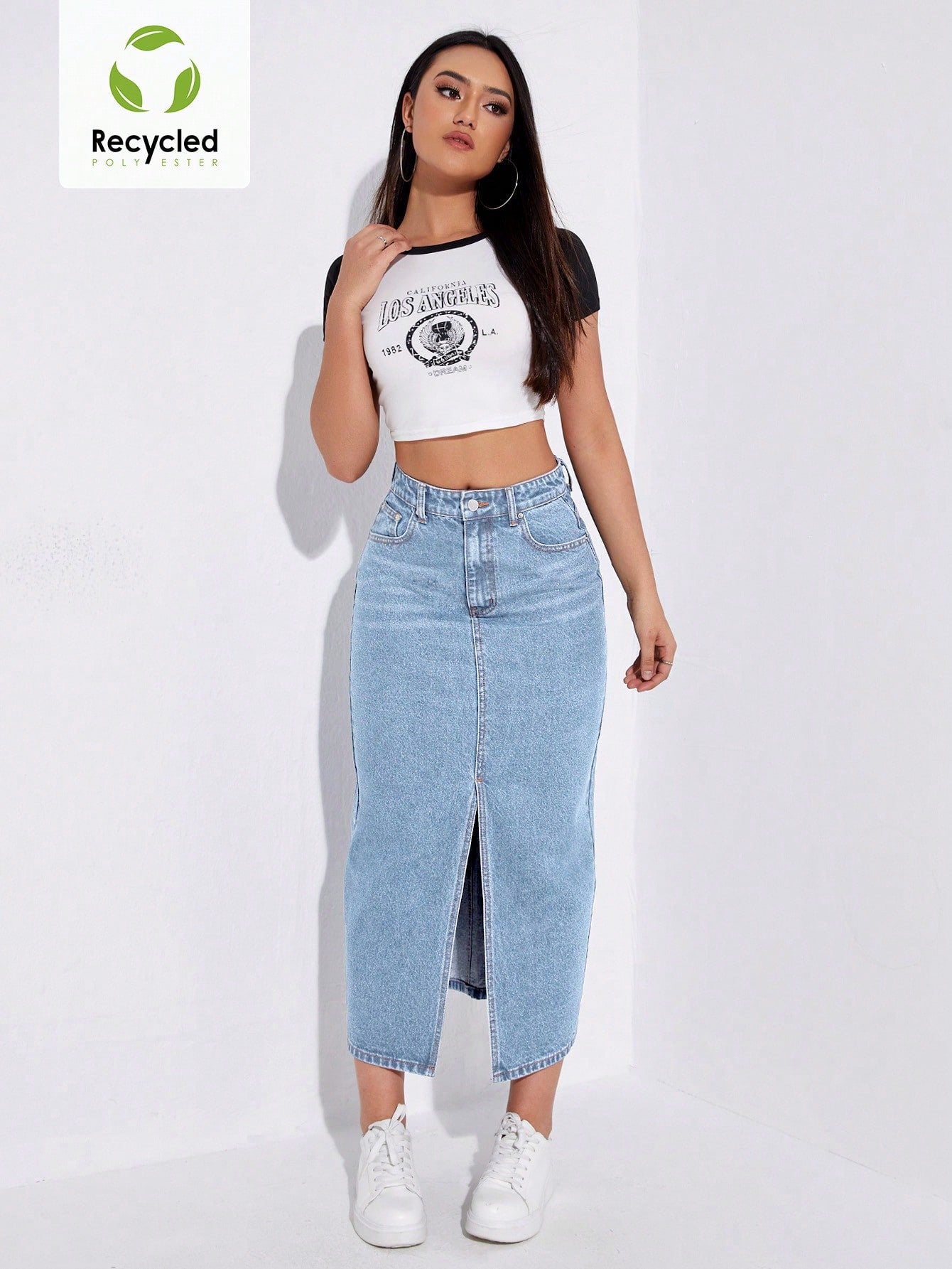 SHEIN EZwear Jupe en jean décontractée coupe droite longue pour femme avec poches à fente avant