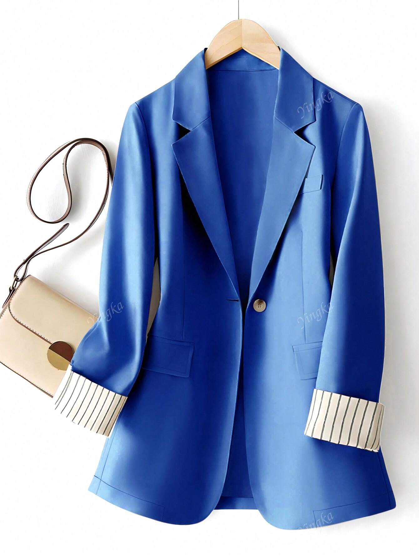 Blazer régulier pour femmes avec revers à rayures patchwork et un bouton