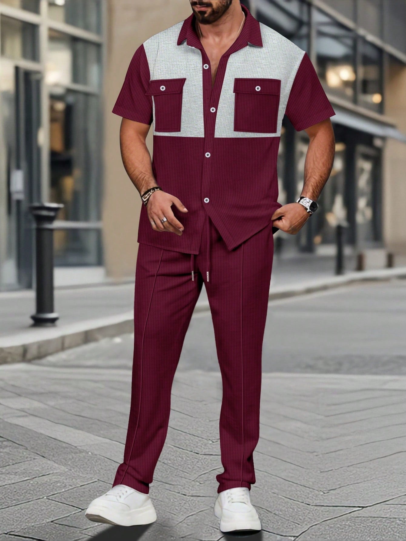 2 pièces Chemise décontractée mode homme avec boutons argentés contrastants, grandes poches et col châle + pantalon, tenue de printemps/été