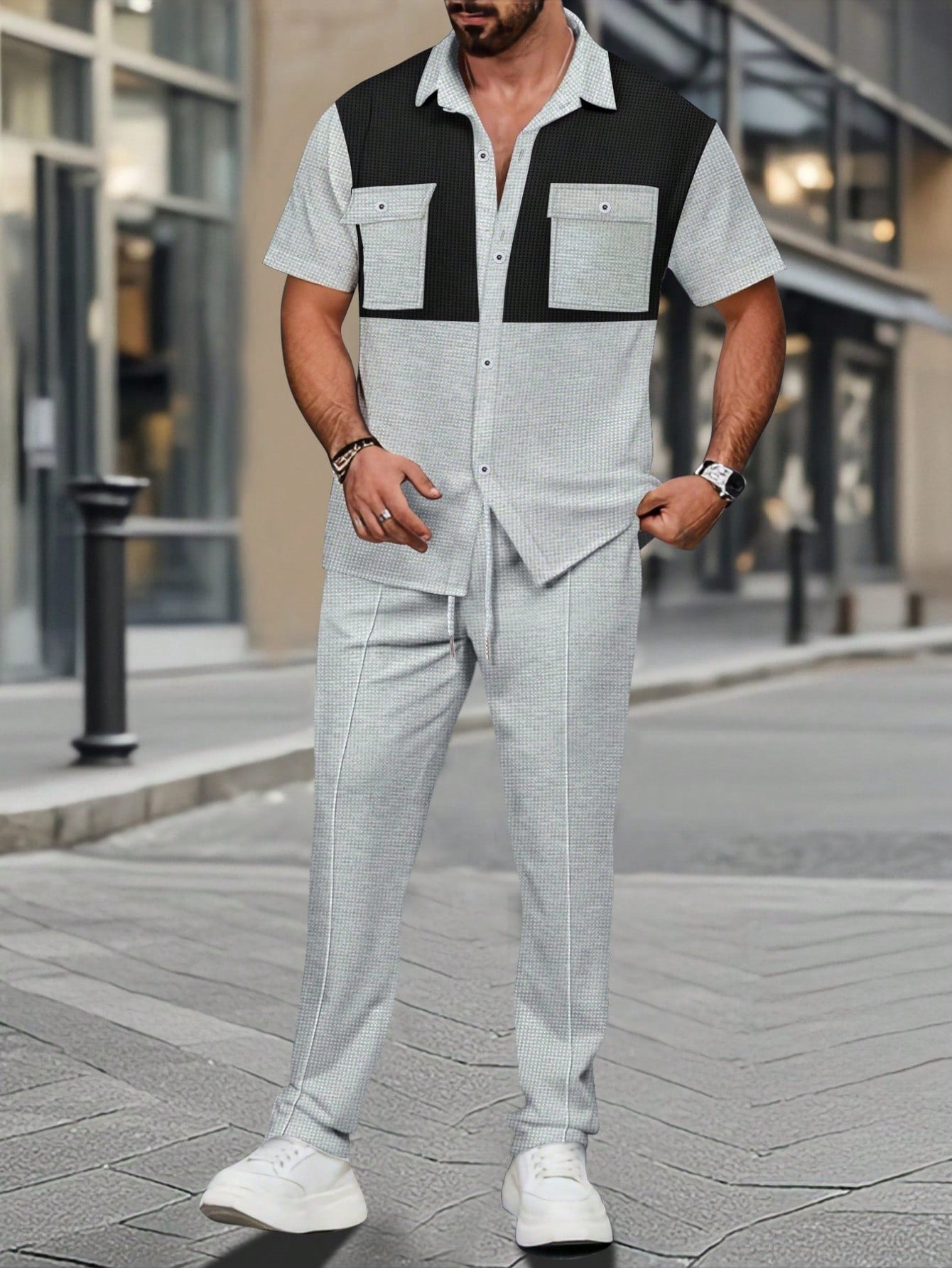2 pièces Chemise décontractée mode homme avec boutons argentés contrastants, grandes poches et col châle + pantalon, tenue de printemps/été