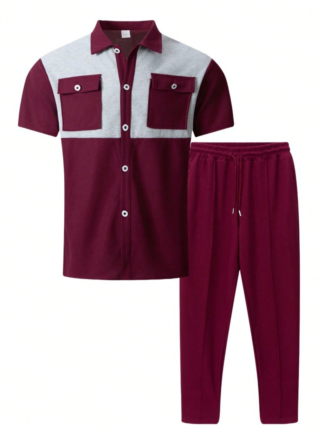 2 pièces Chemise décontractée mode homme avec boutons argentés contrastants, grandes poches et col châle + pantalon, tenue de printemps/été