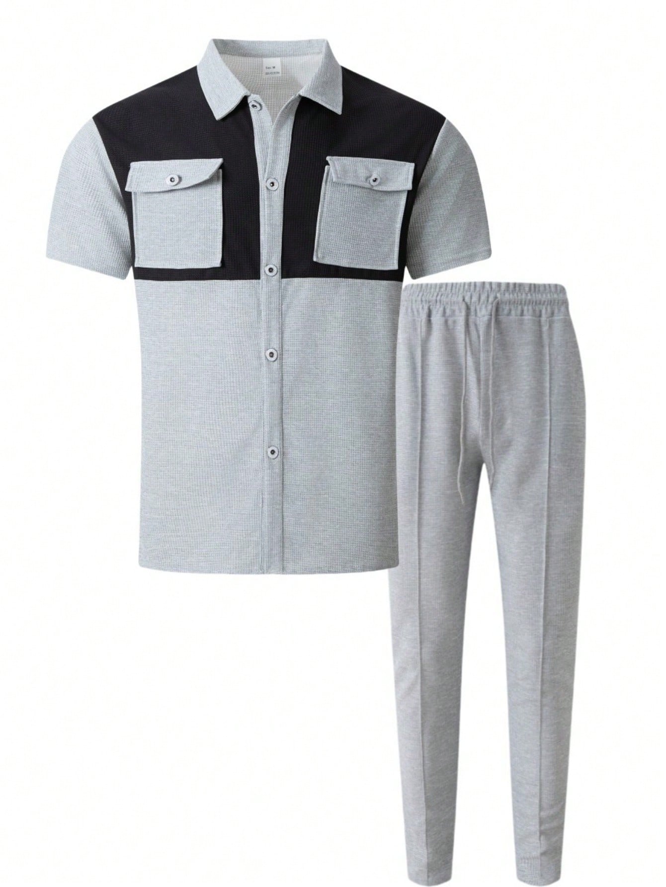 2 pièces Chemise décontractée mode homme avec boutons argentés contrastants, grandes poches et col châle + pantalon, tenue de printemps/été