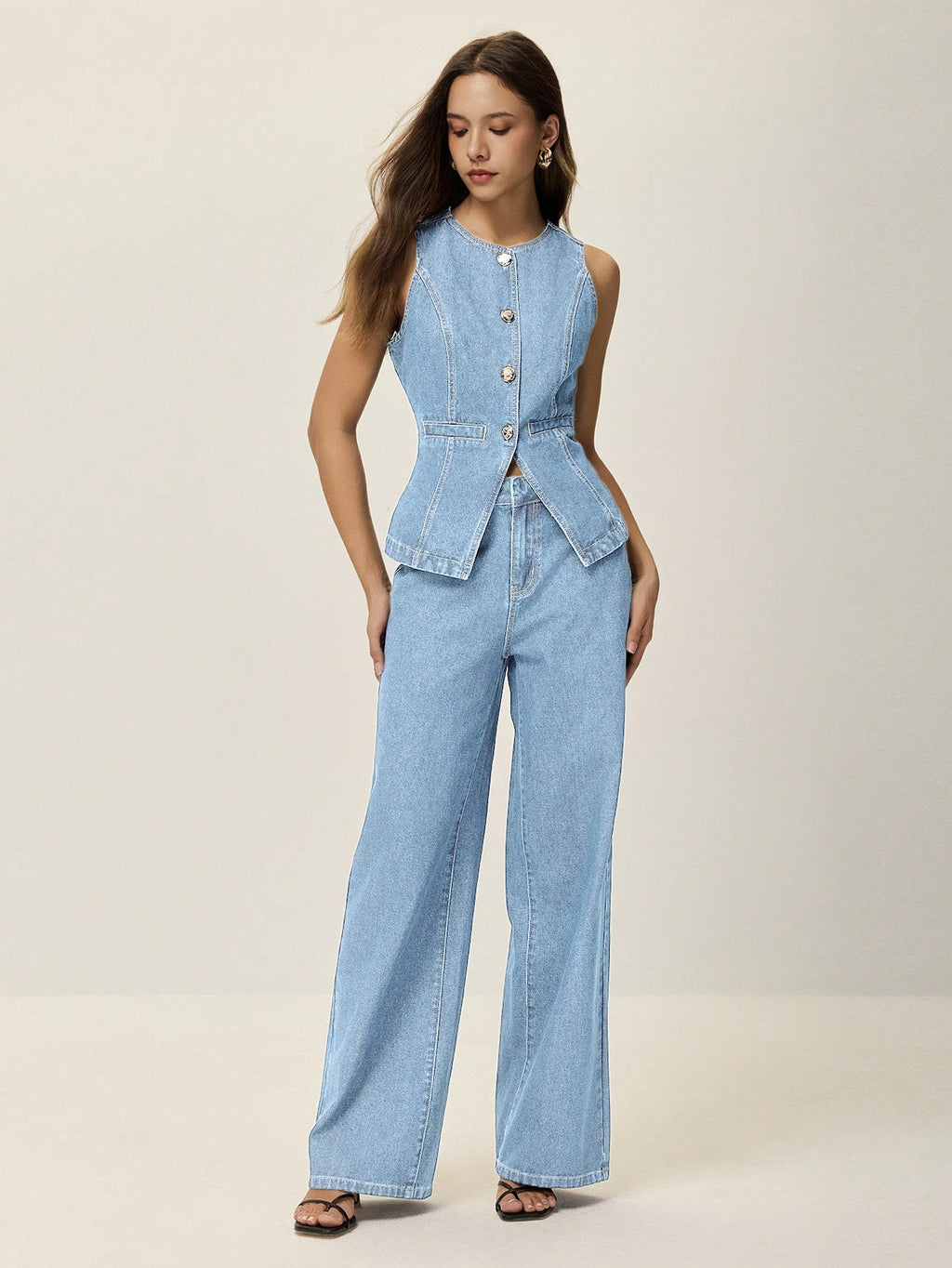 Poéselle Ensemble 2 pièces pour femmes : débardeur avec fente à la taille et boutons en métal, et jeans longs. Ensemble en denim élégant, jeans à jambe large et ample, jeans taille haute pour femmes, FW25