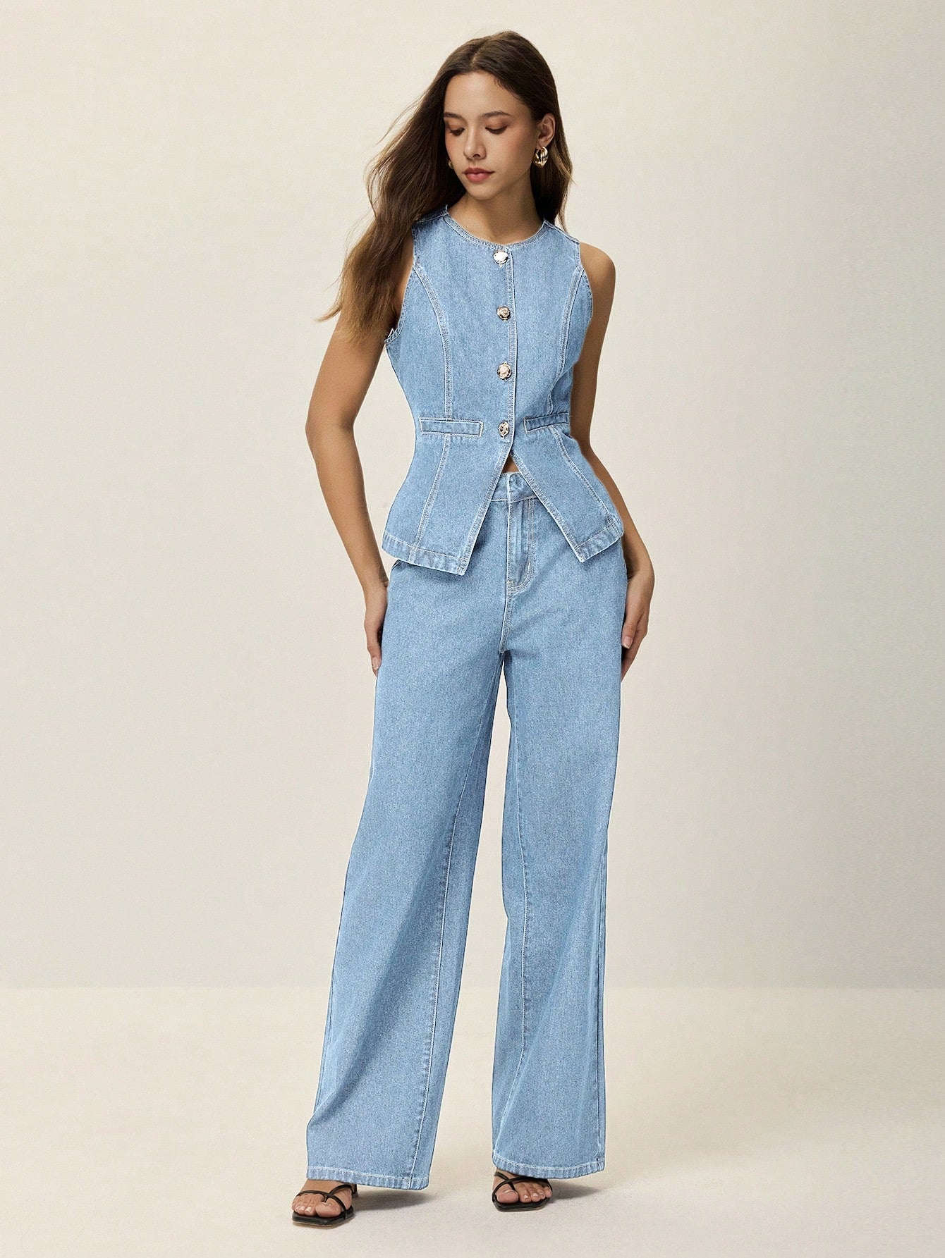 Poéselle Ensemble 2 pièces pour femmes : débardeur avec fente à la taille et boutons en métal, et jeans longs. Ensemble en denim élégant, jeans à jambe large et ample, jeans taille haute pour femmes, FW25