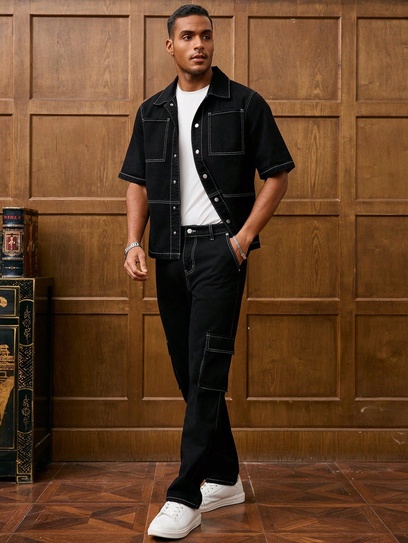 RivetRise Ensemble en jean pour hommes, veste à manches courtes et pantalon, mode pour l'été