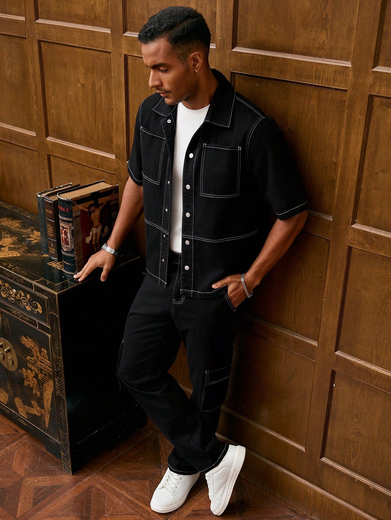 RivetRise Ensemble en jean pour hommes, veste à manches courtes et pantalon, mode pour l'été