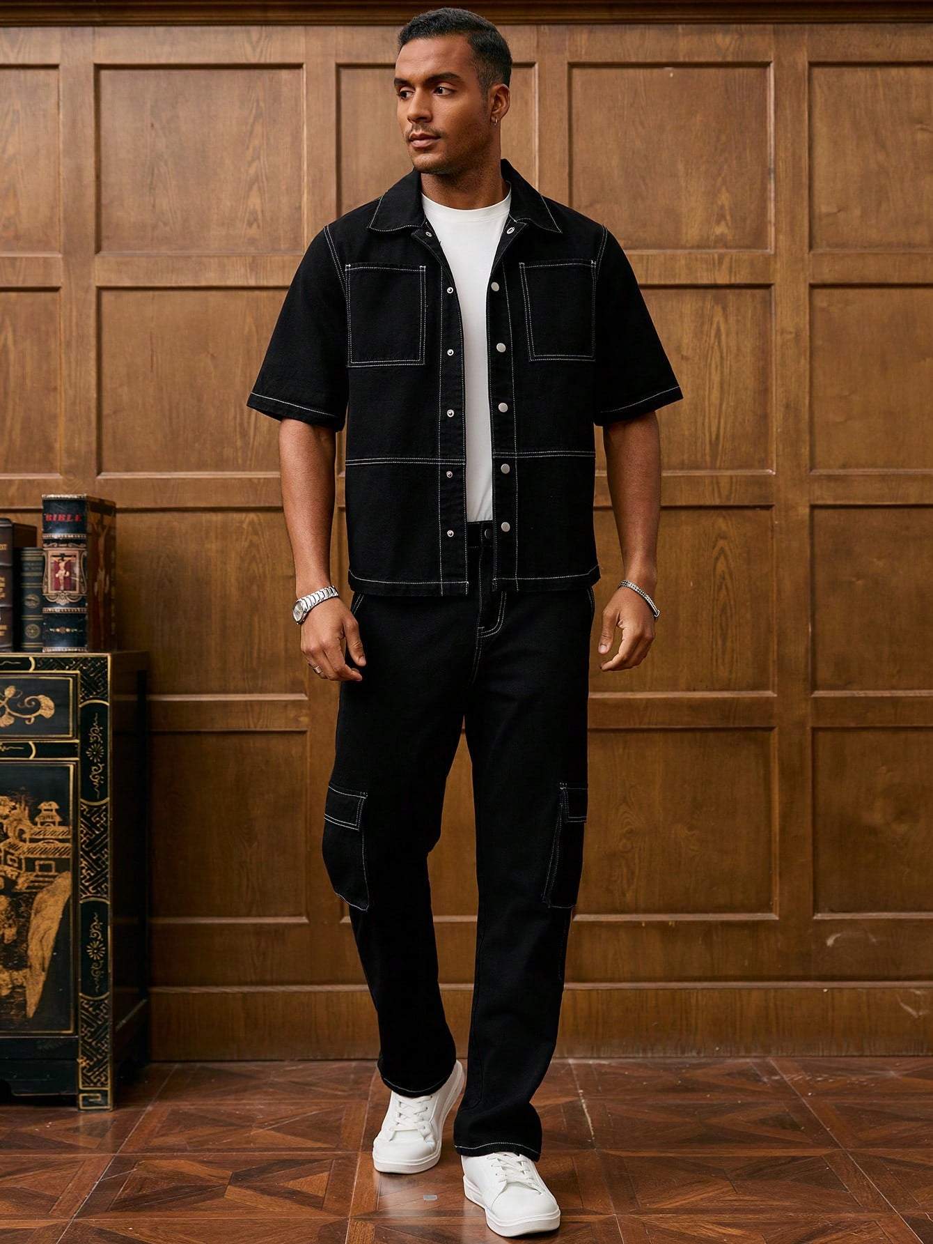 RivetRise Ensemble en jean pour hommes, veste à manches courtes et pantalon, mode pour l'été