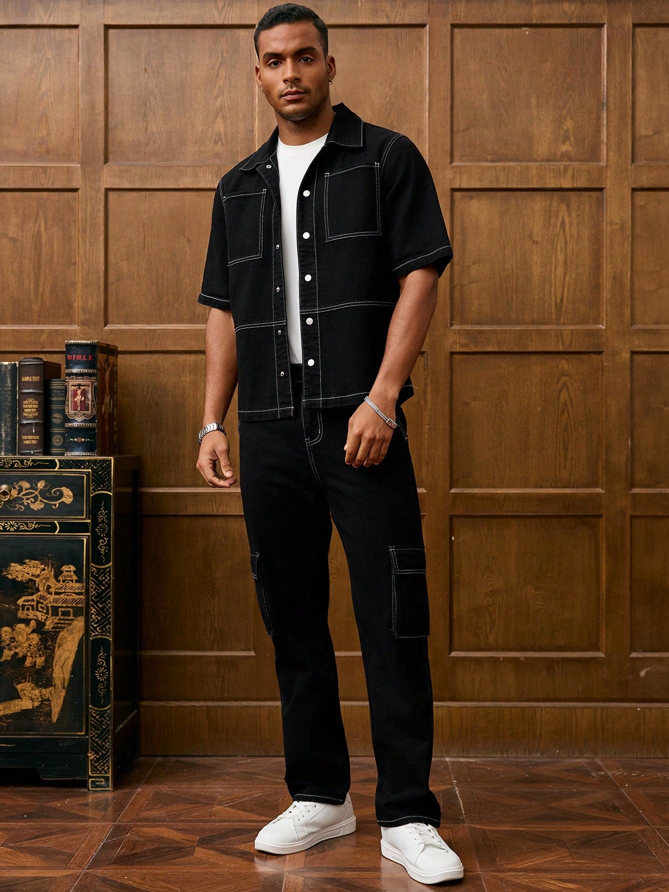 RivetRise Ensemble en jean pour hommes, veste à manches courtes et pantalon, mode pour l'été