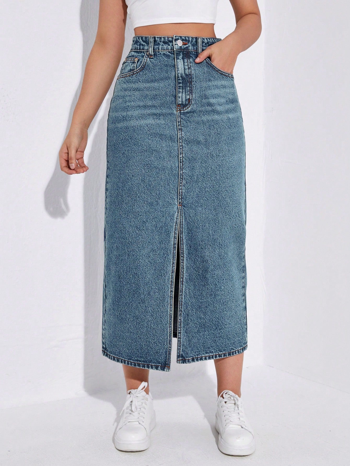 SHEIN EZwear Jupe en jean taille haute fendu