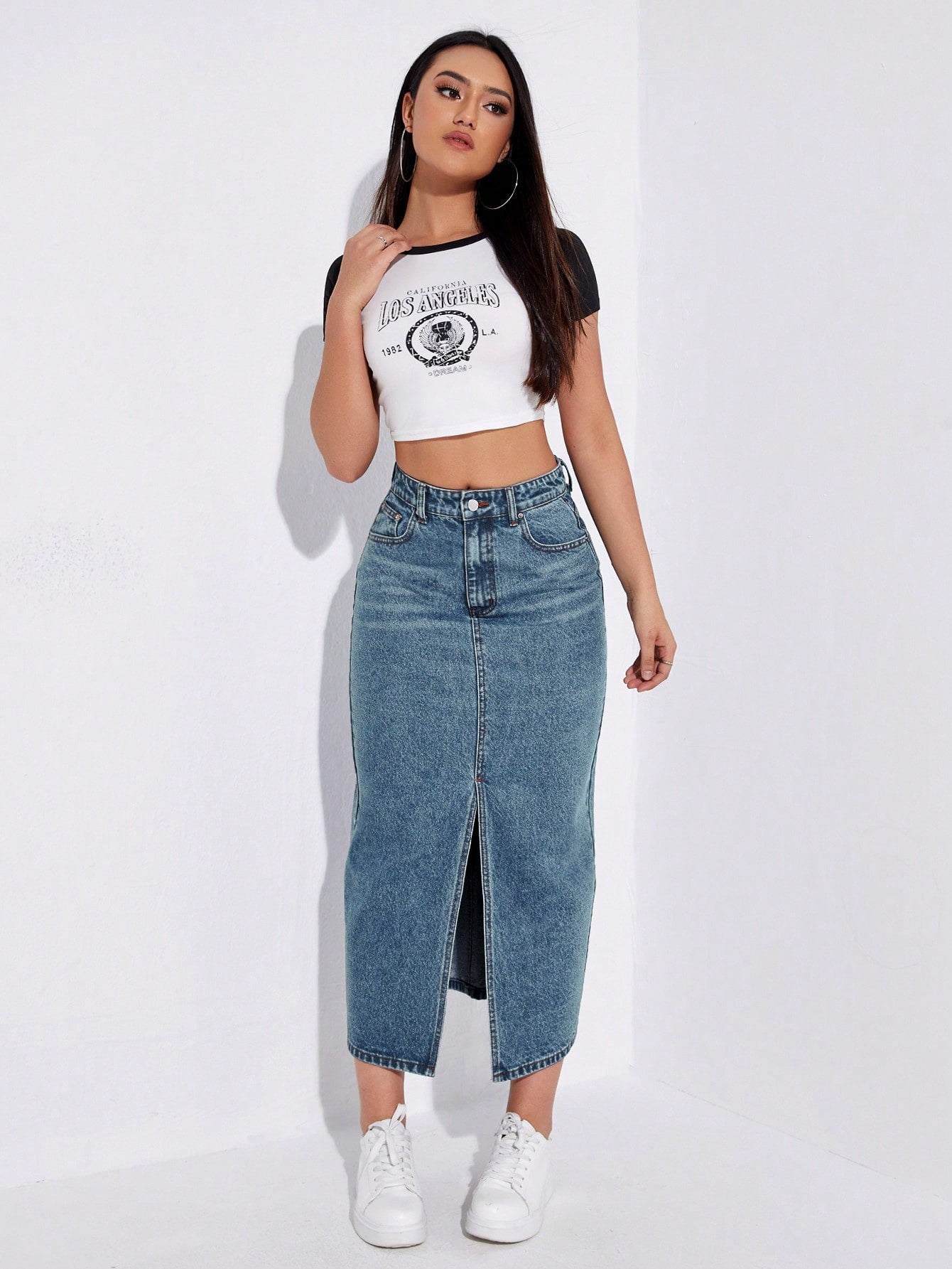 SHEIN EZwear Jupe en jean taille haute fendu