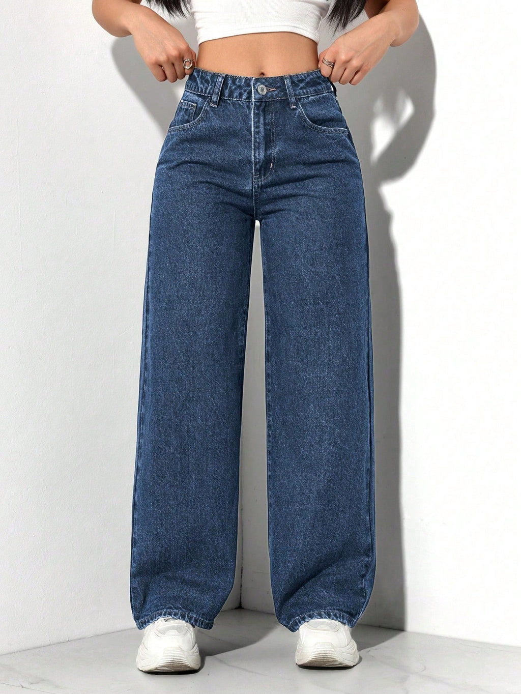 SHEIN PETITE Jeans décontractés, lavés, coupe droite relâchée