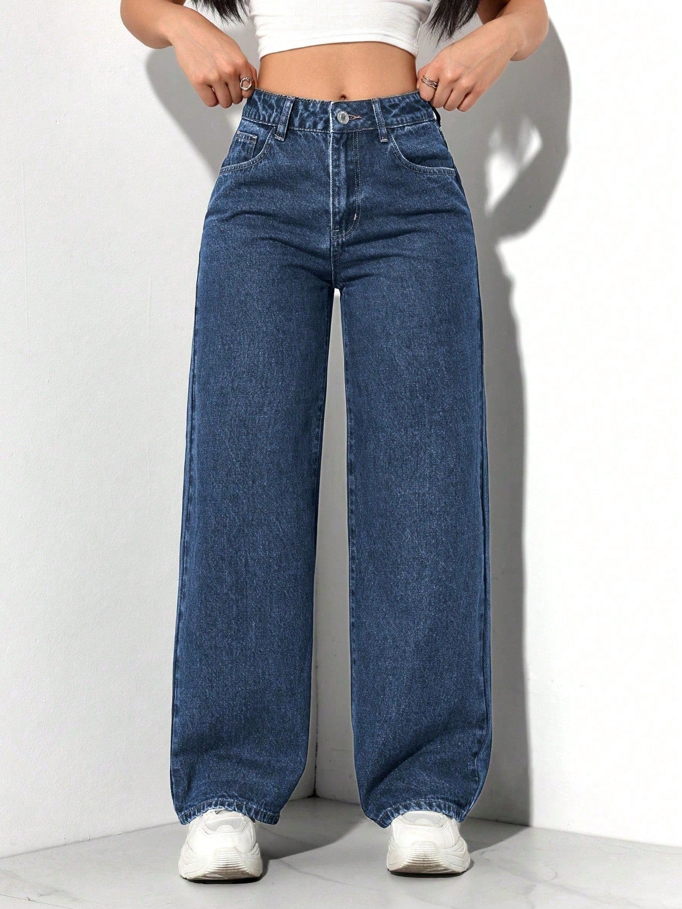 SHEIN PETITE Jeans décontractés, lavés, coupe droite relâchée
