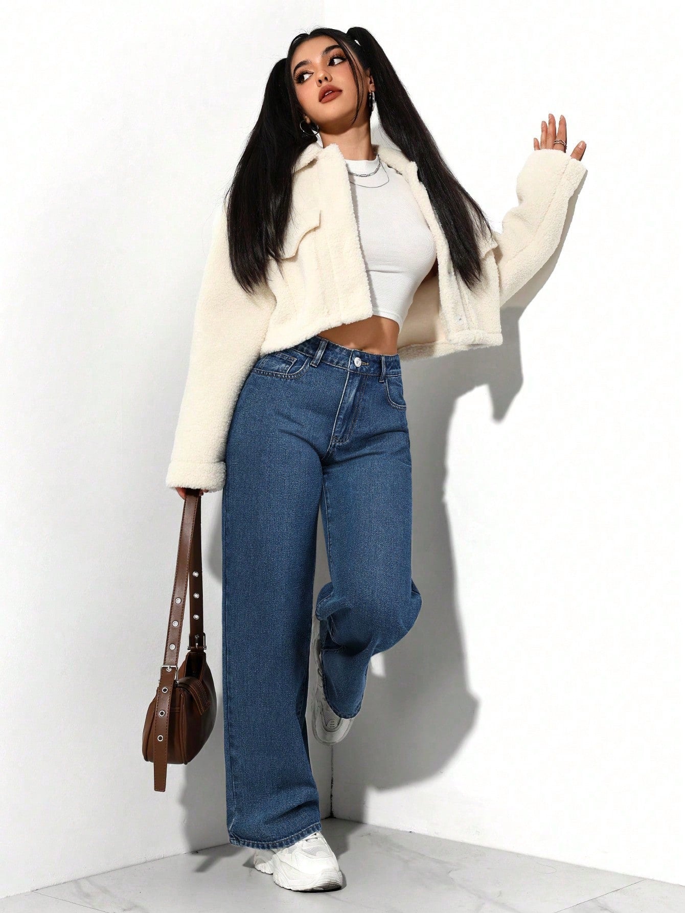 SHEIN PETITE Jeans décontractés, lavés, coupe droite relâchée