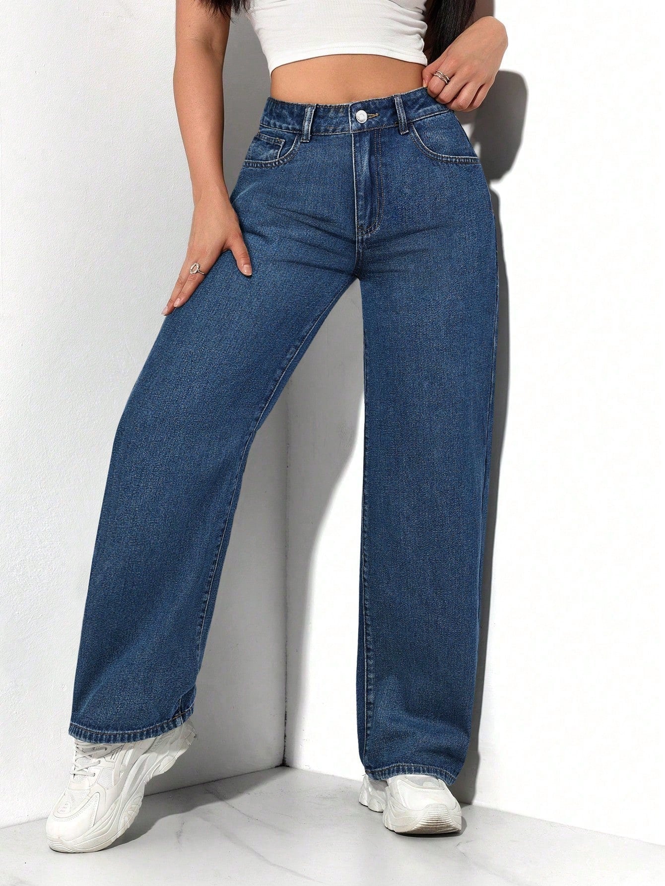 SHEIN PETITE Jeans décontractés, lavés, coupe droite relâchée