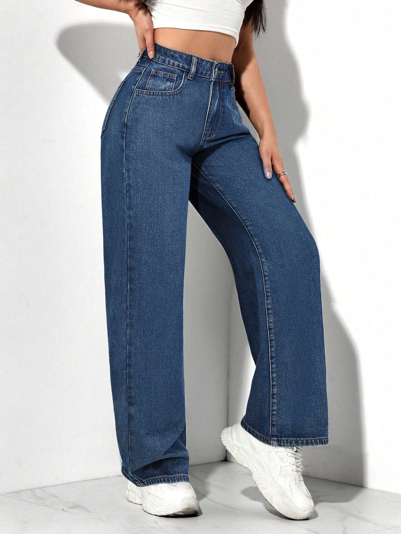 SHEIN PETITE Jeans décontractés, lavés, coupe droite relâchée