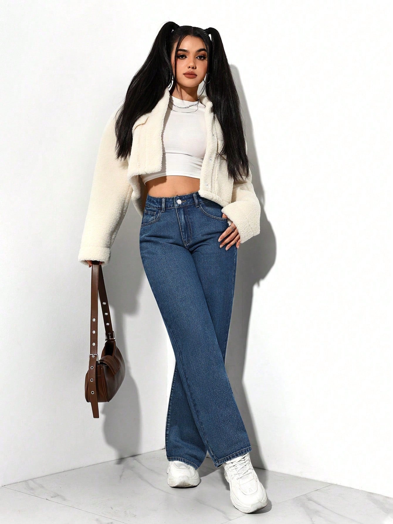 SHEIN PETITE Jeans décontractés, lavés, coupe droite relâchée