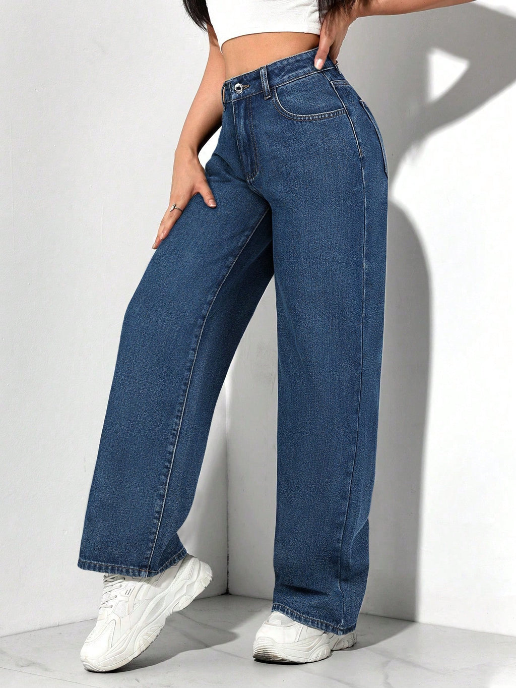 SHEIN PETITE Jeans décontractés, lavés, coupe droite relâchée