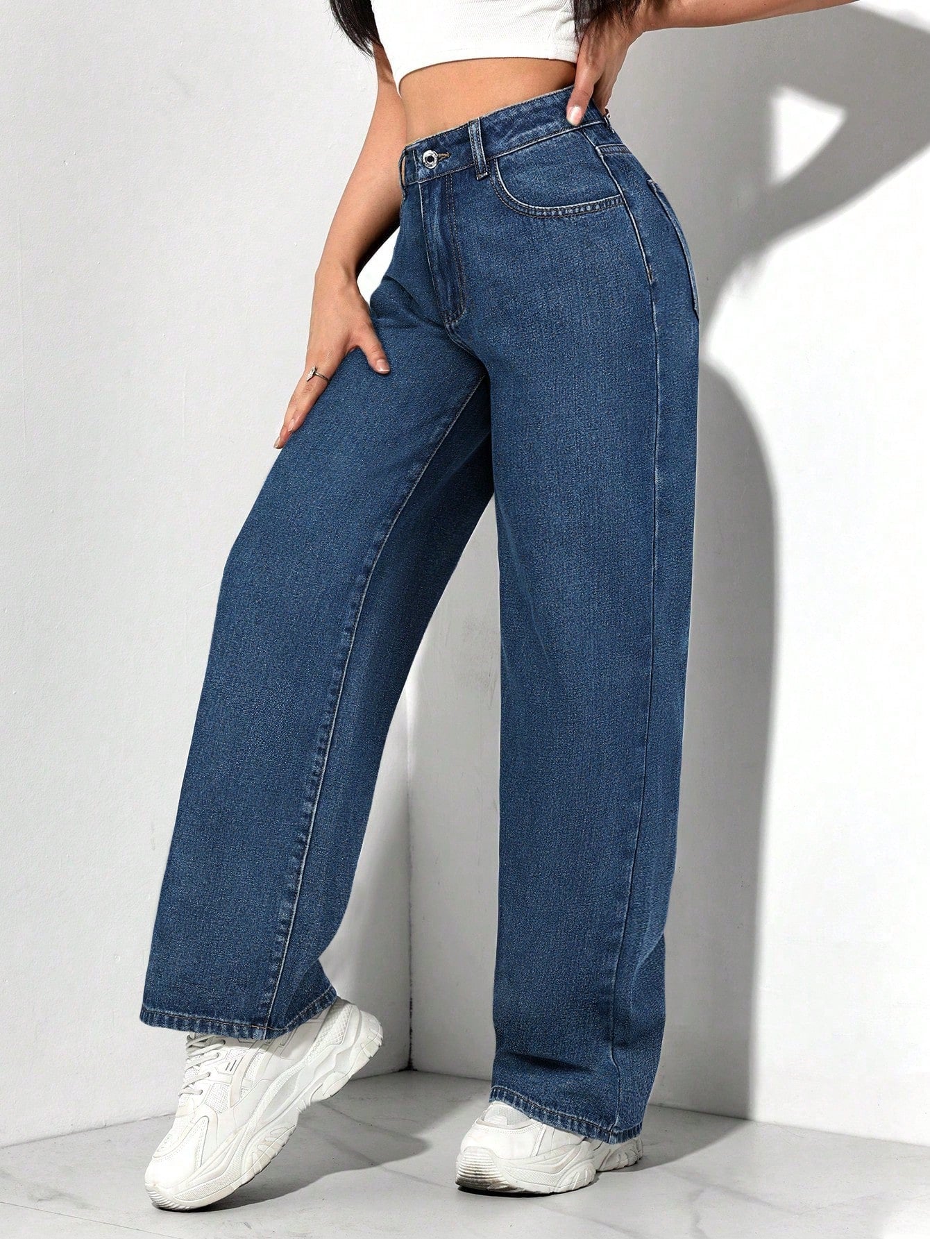 SHEIN PETITE Jeans décontractés, lavés, coupe droite relâchée