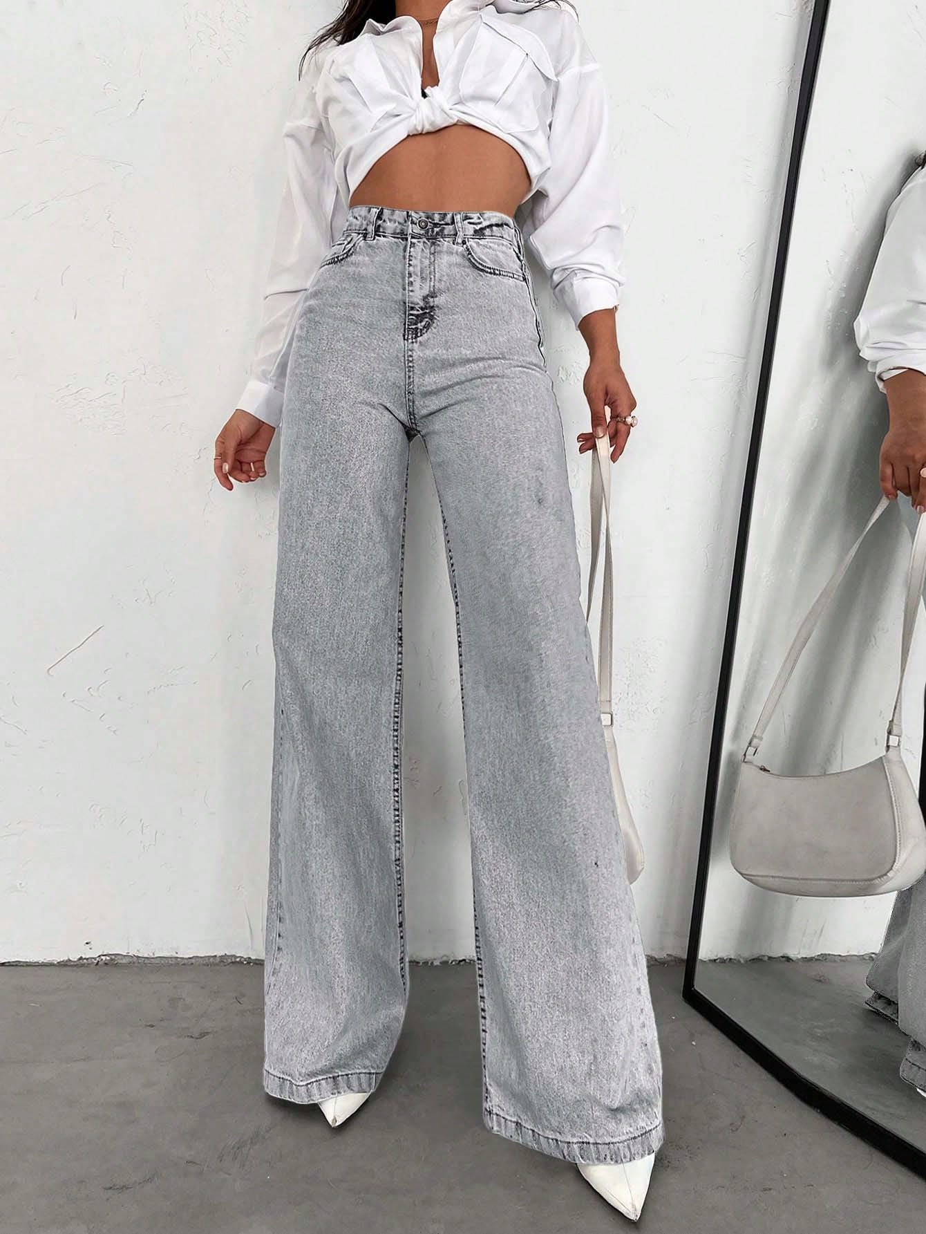 SHEIN Tall Jean grande taille à jambe large et ourlet long, 100% coton