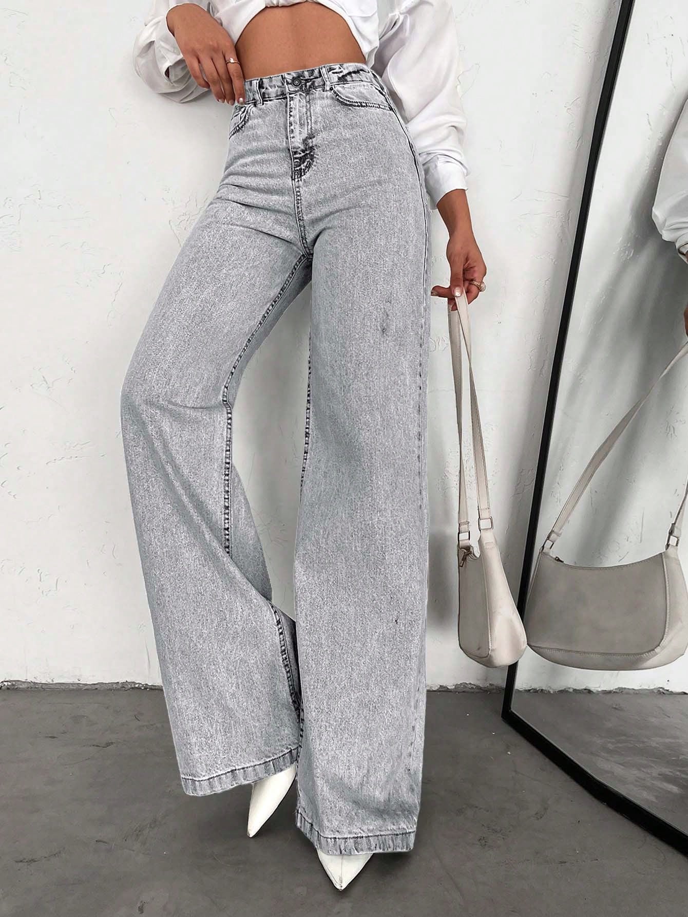 SHEIN Tall Jean grande taille à jambe large et ourlet long, 100% coton