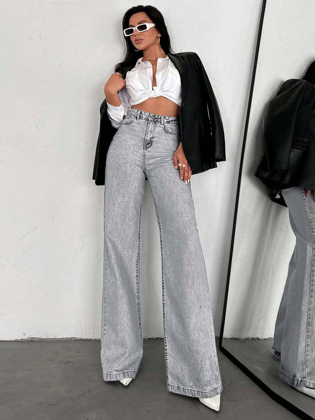 SHEIN Tall Jean grande taille à jambe large et ourlet long, 100% coton
