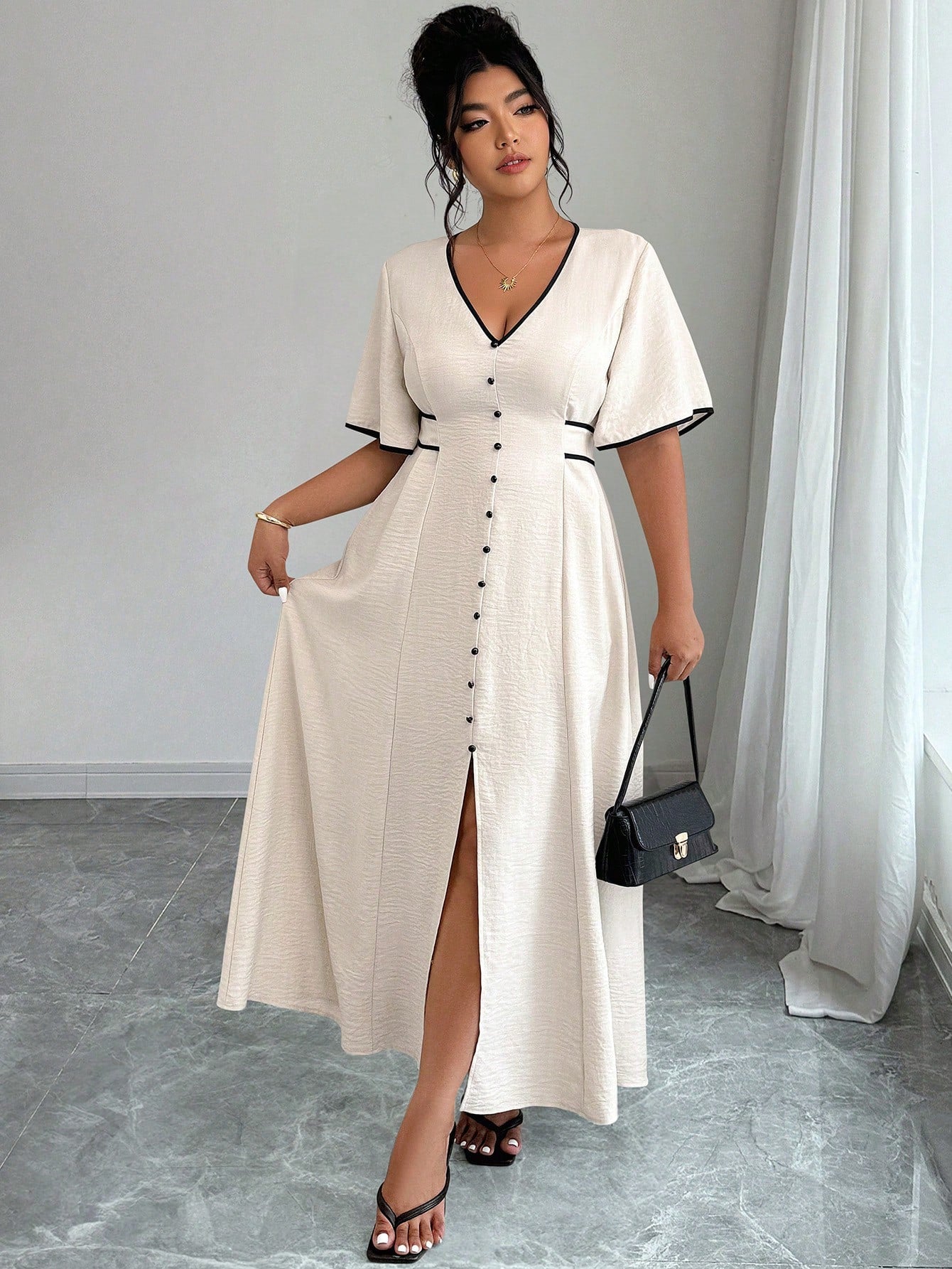 Elenzga Robe mi-longue pour femme grande taille, élégante, col V, avec liens contrastés, manches évasées et fente à la taille