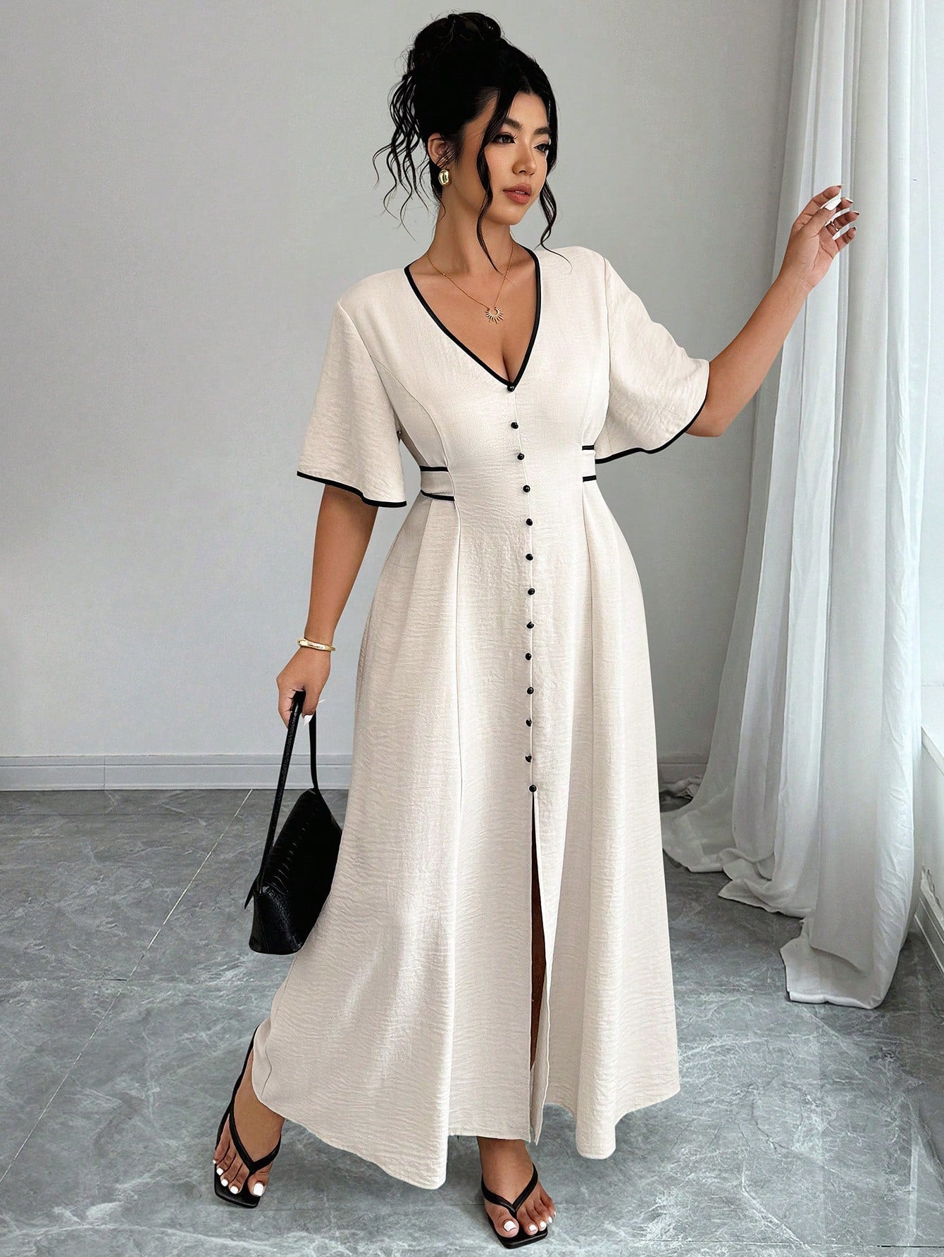 Elenzga Robe mi-longue pour femme grande taille, élégante, col V, avec liens contrastés, manches évasées et fente à la taille