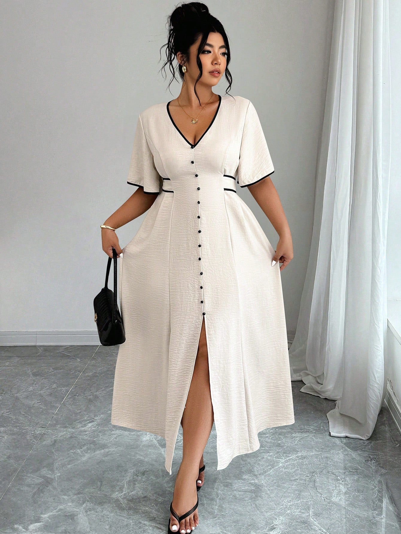Elenzga Robe mi-longue pour femme grande taille, élégante, col V, avec liens contrastés, manches évasées et fente à la taille