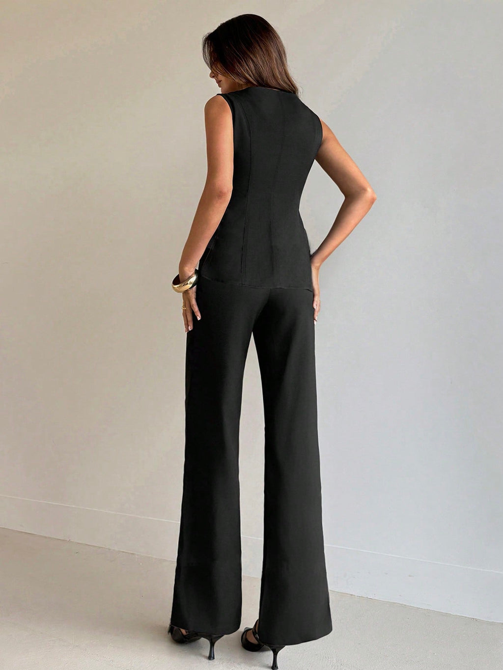 Aloruh Ensemble de costume noir avec veste sans manches et pantalon basic, style français simple pour femmes de bureau