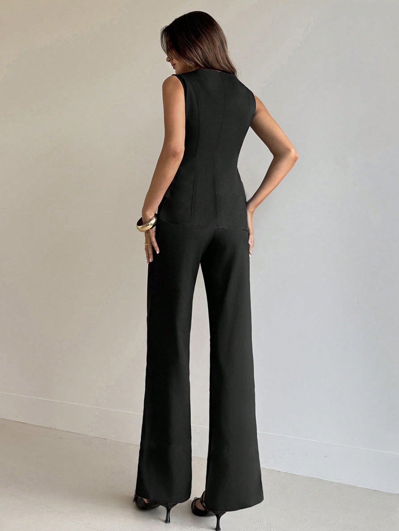 Aloruh Ensemble de costume noir avec veste sans manches et pantalon basic, style français simple pour femmes de bureau