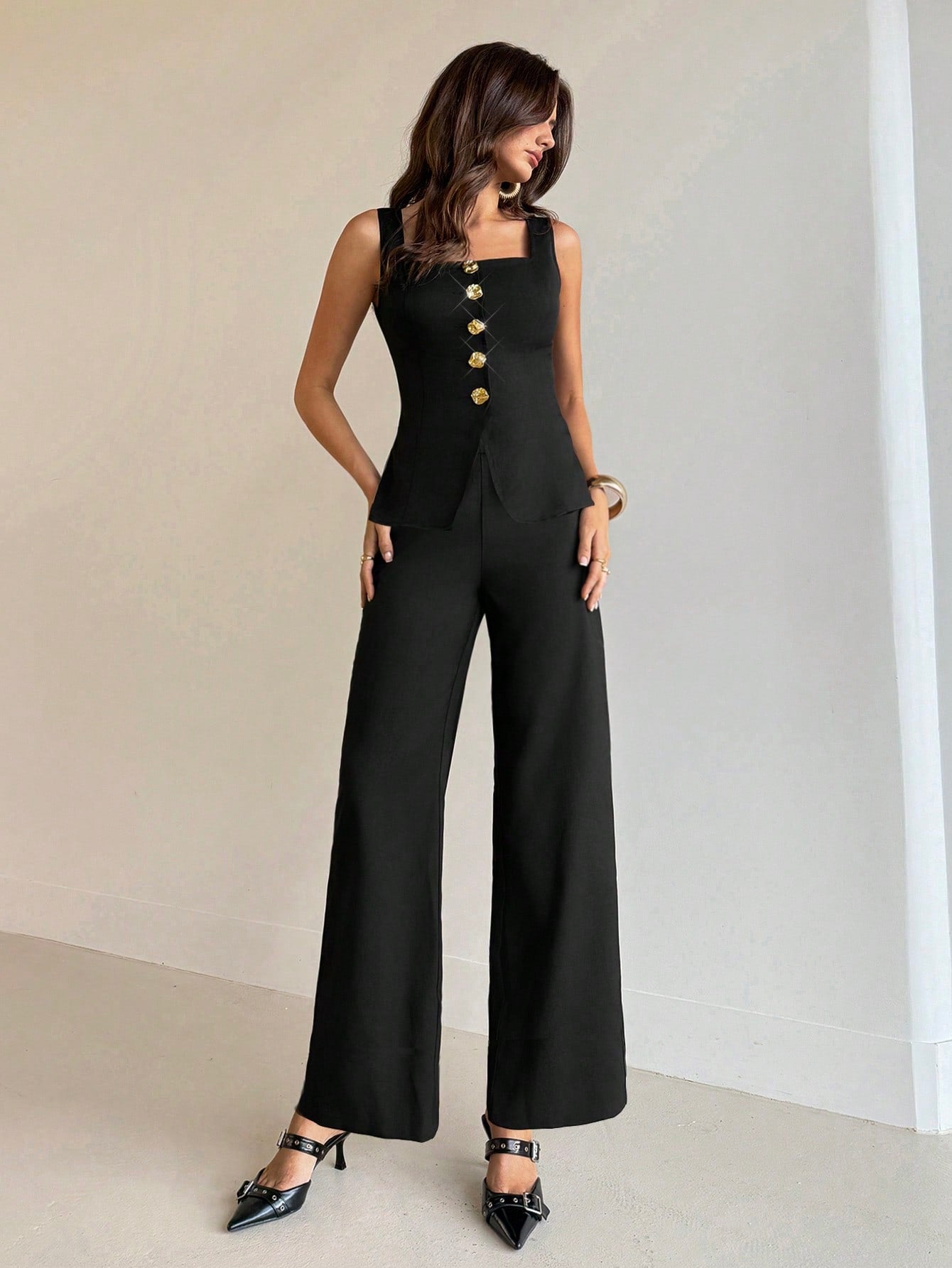 Aloruh Ensemble de costume noir avec veste sans manches et pantalon basic, style français simple pour femmes de bureau