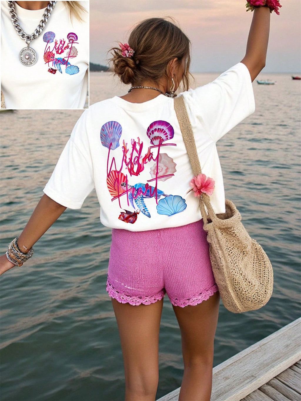 SHEIN Unity T-shirt casual d'été pour femmes grandes tailles avec imprimé lettres et coquillages, manches courtes, top d'été