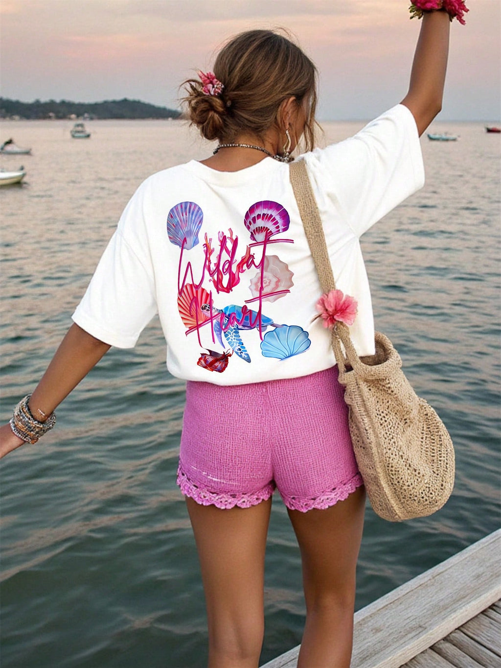 SHEIN Unity T-shirt casual d'été pour femmes grandes tailles avec imprimé lettres et coquillages, manches courtes, top d'été
