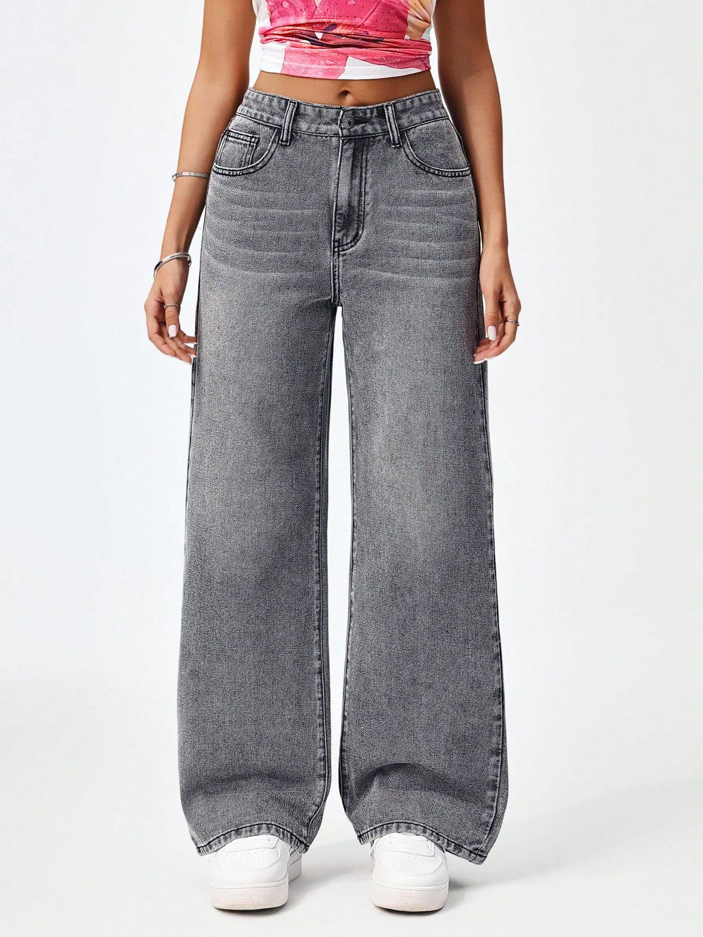 SHEIN x Lina SHEIN ICON Jeans droits taille mi-haute lavés décontractés de style rétro