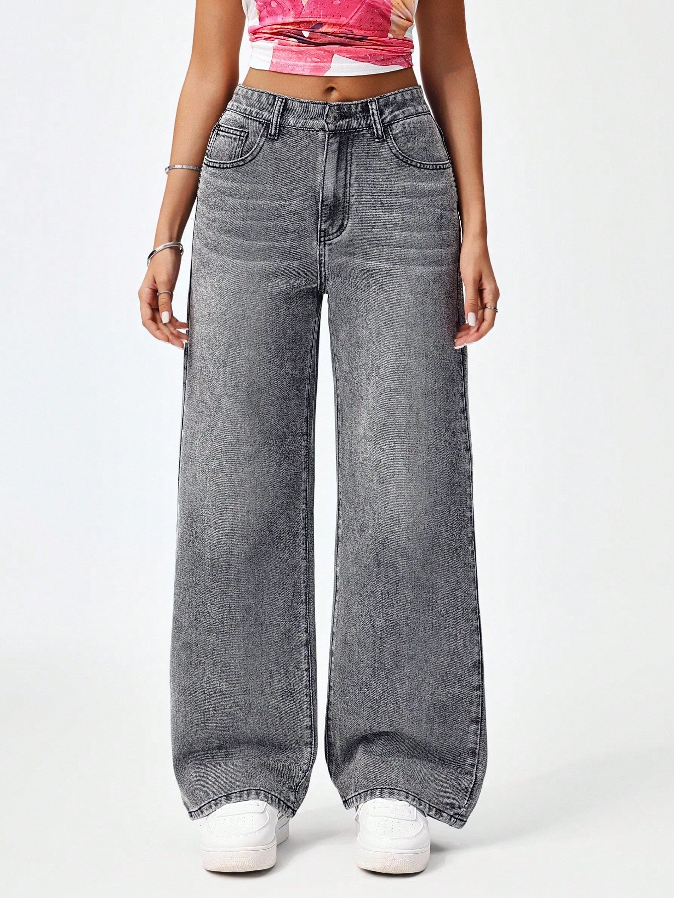 SHEIN x Lina SHEIN ICON Jeans droits taille mi-haute lavés décontractés de style rétro