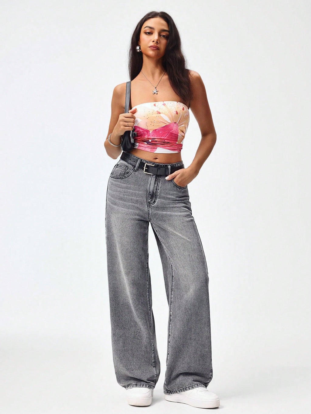 SHEIN x Lina SHEIN ICON Jeans droits taille mi-haute lavés décontractés de style rétro