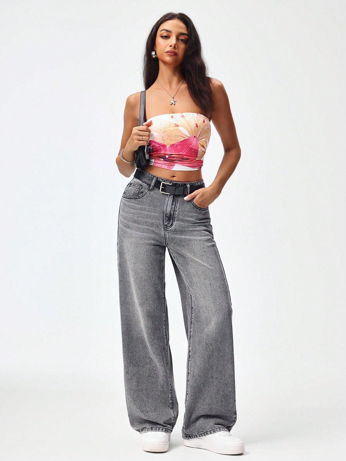 SHEIN x Lina SHEIN ICON Jeans droits taille mi-haute lavés décontractés de style rétro