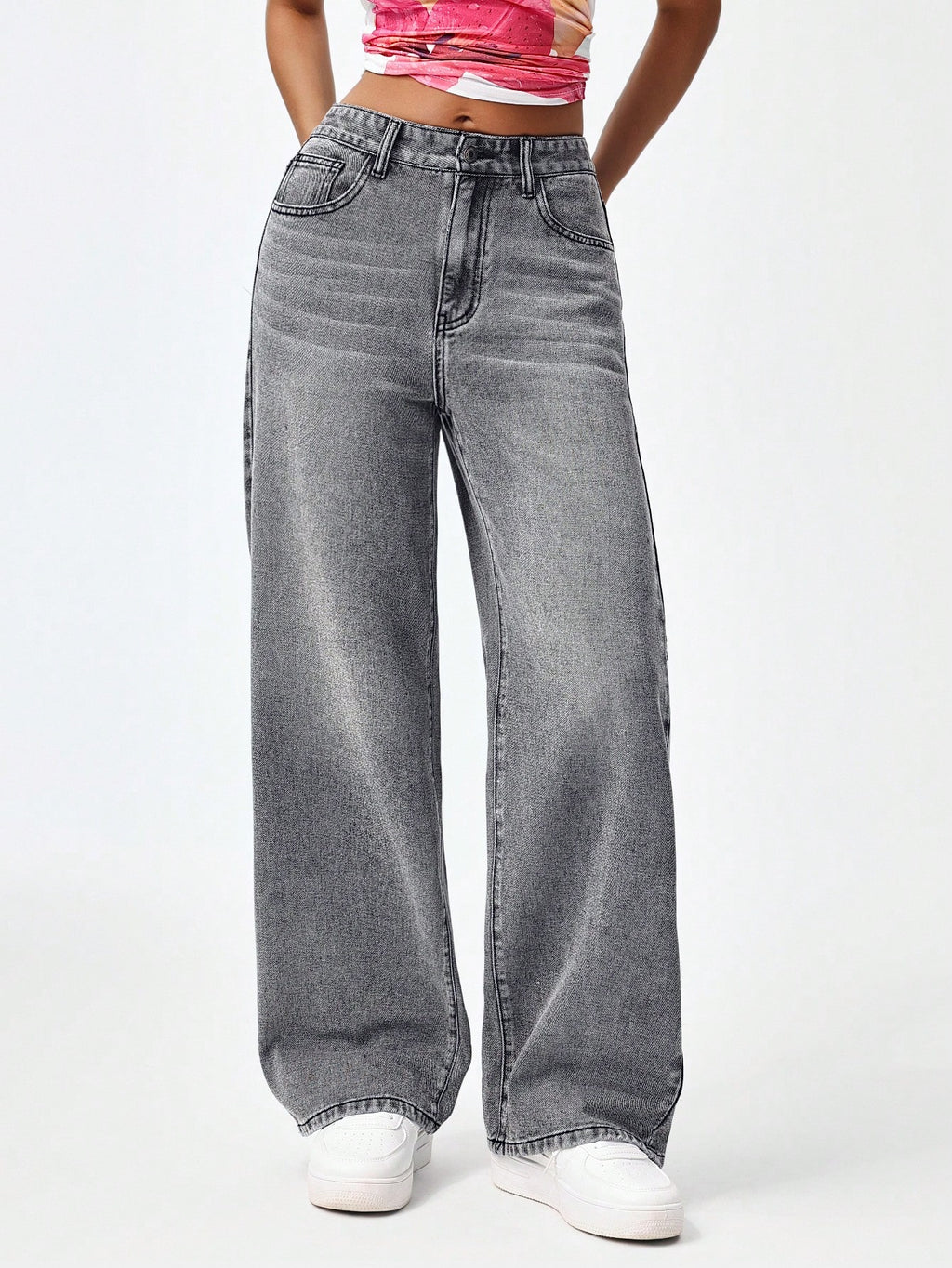 SHEIN x Lina SHEIN ICON Jeans droits taille mi-haute lavés décontractés de style rétro