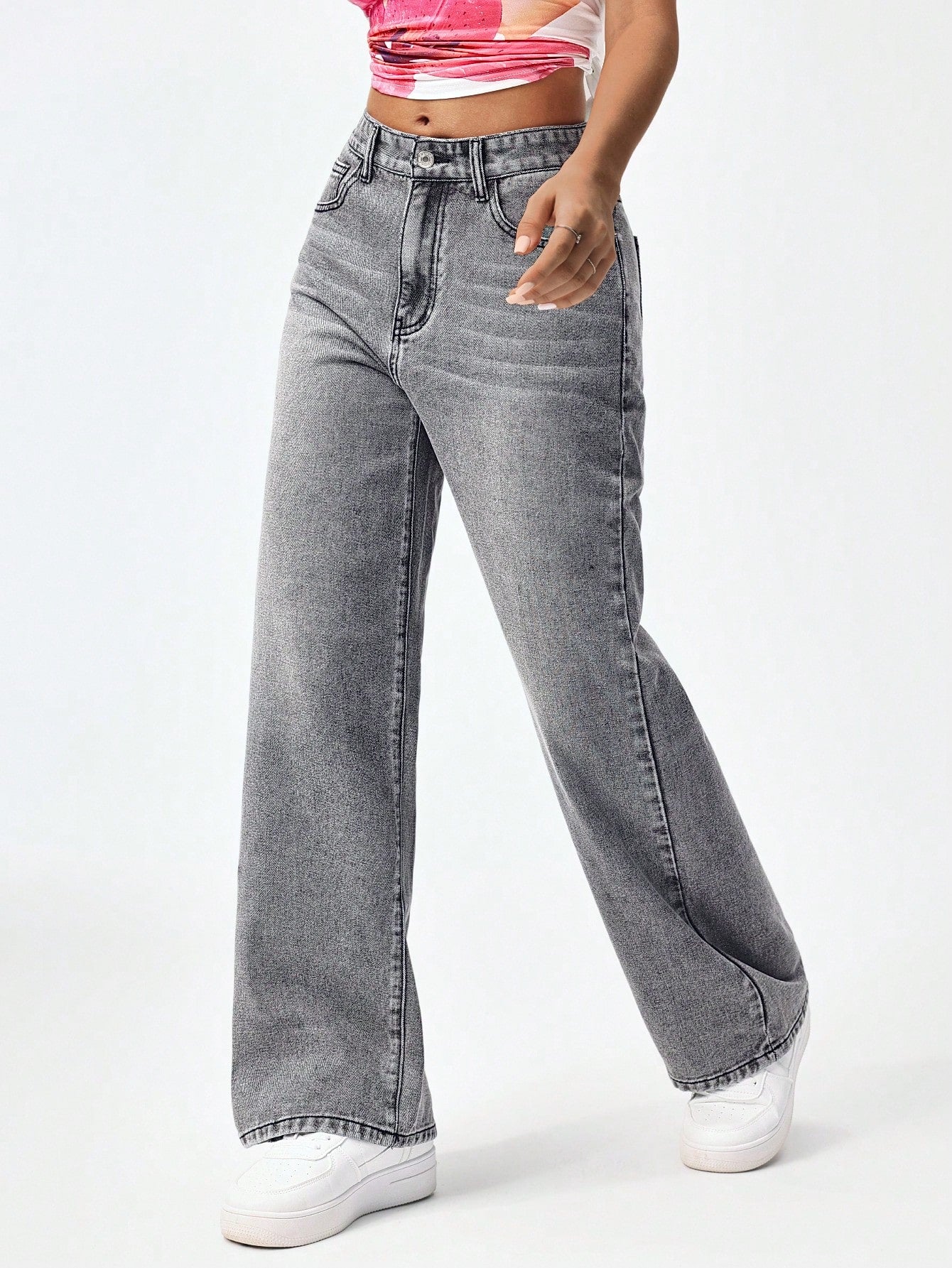 SHEIN x Lina SHEIN ICON Jeans droits taille mi-haute lavés décontractés de style rétro