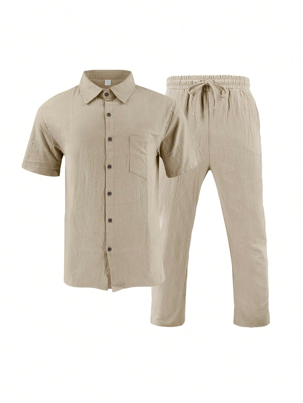 2 pièces/Set Tenue en lin pour homme, chemise à manches courtes boutonnée simple unie et pantalon