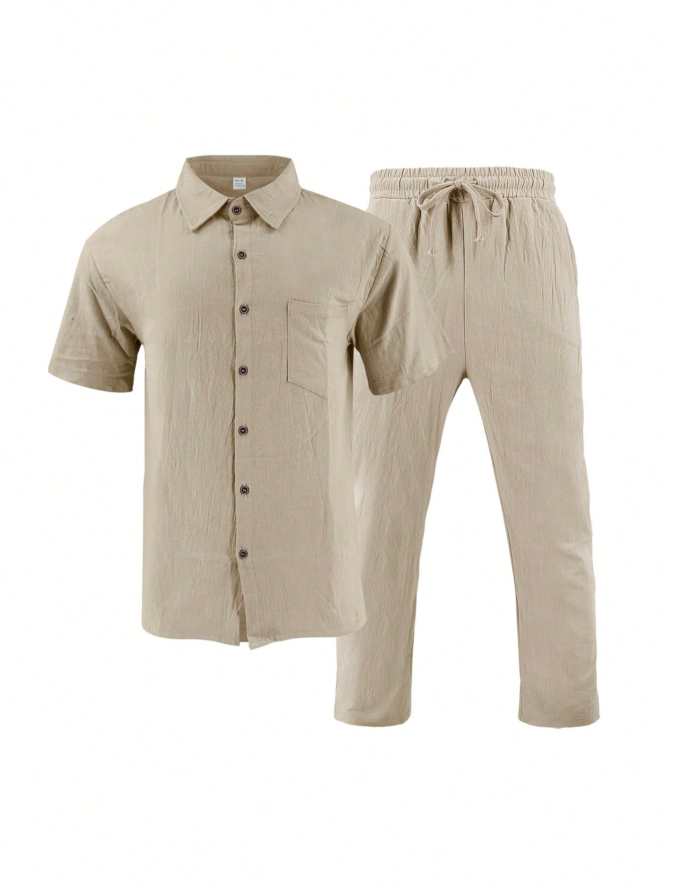 2 pièces/Set Tenue en lin pour homme, chemise à manches courtes boutonnée simple unie et pantalon
